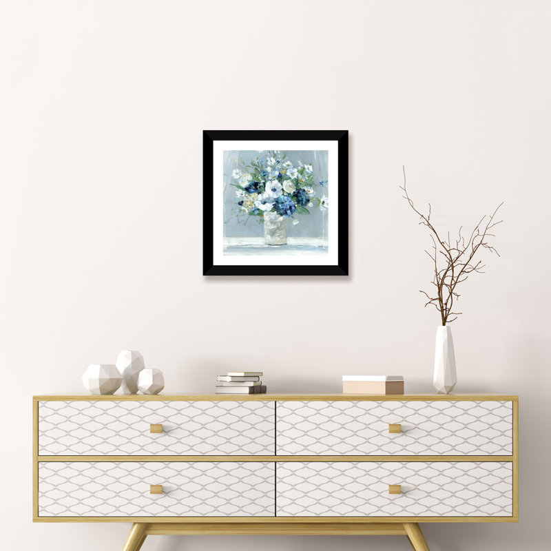 «Be Happy Blue» par Sally Swatland - reproduction d'art, H 16 po x l 16 po x p 1 po, Papier encadré noir