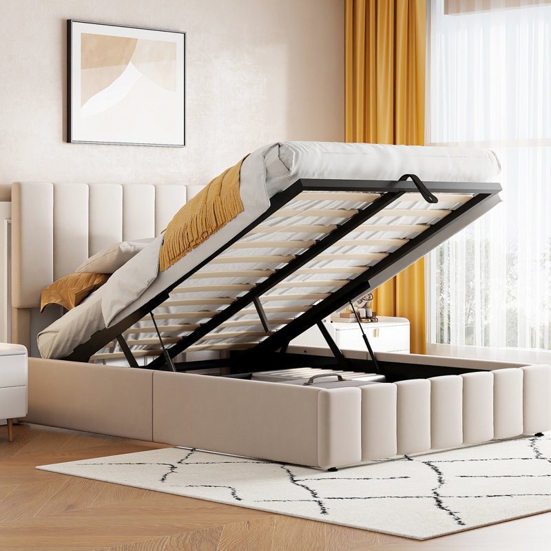 Lit tapissier beige avec rangement hydraulique efficace