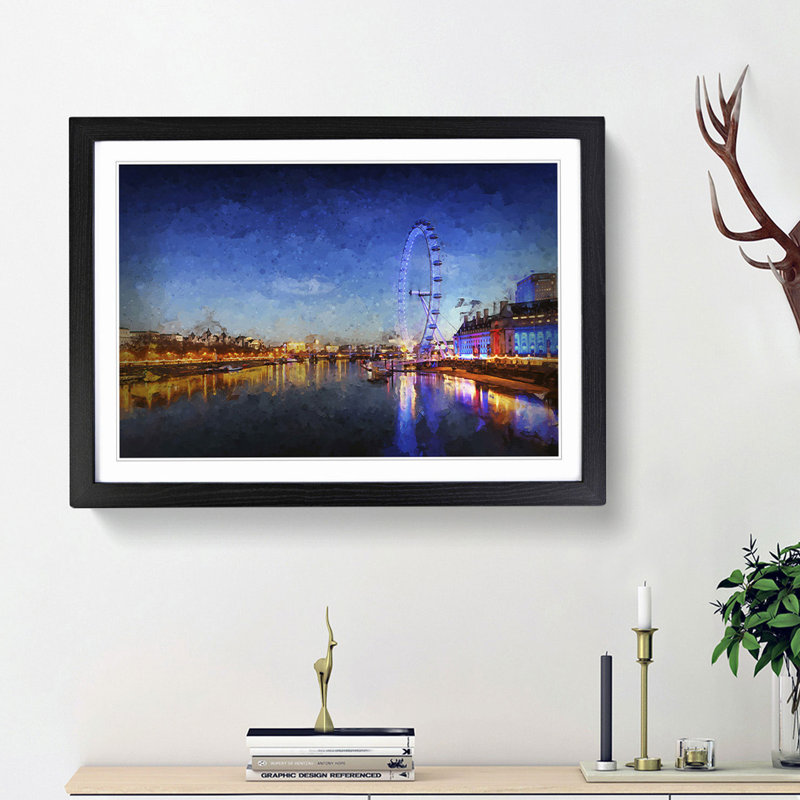 The London Eye & Thames River in Abstract - Picture Frame Painting Print, Black Framed, 27cm H x 36cm W x 2cm D
