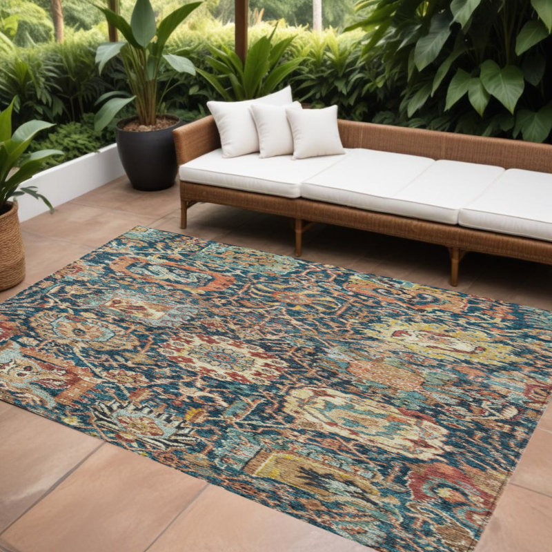 Tapis extérieur lavable 9 pi x 12 pi bleu marine en terre cuite et beige