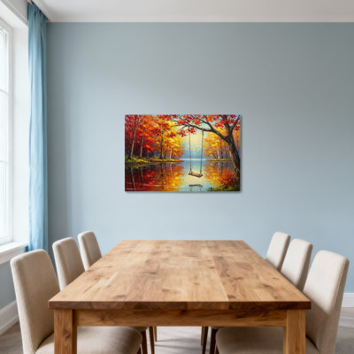 Paysage et nature, arbres d'automne, balançoire en lac, reflet des couleurs, scène paisible de la nature