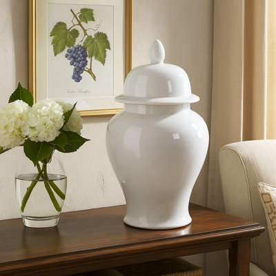  Pot à gingembre décoratif en porcelaine 20 po avec couvercle Kipp, blanc brillant
