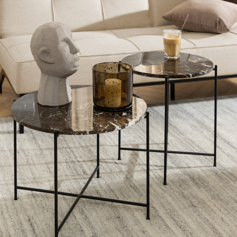 Side Table with Marble Top 42x45cm, Brown Marble