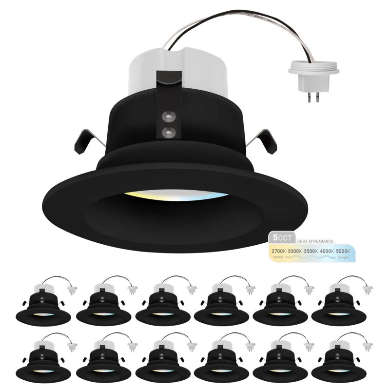 Paquet de 12 ampoules encastrées DEL MR16 12V NUWATT noir, rénovation de 4 pouces, 5CCT sélectionnable 2700K / 3000K / 3500K / 4000K / 5000K 660LM 10W à intensité variable, MR16 GU5.3 ampoule DEL à faible tension pouvant éclairer un halogène de 75