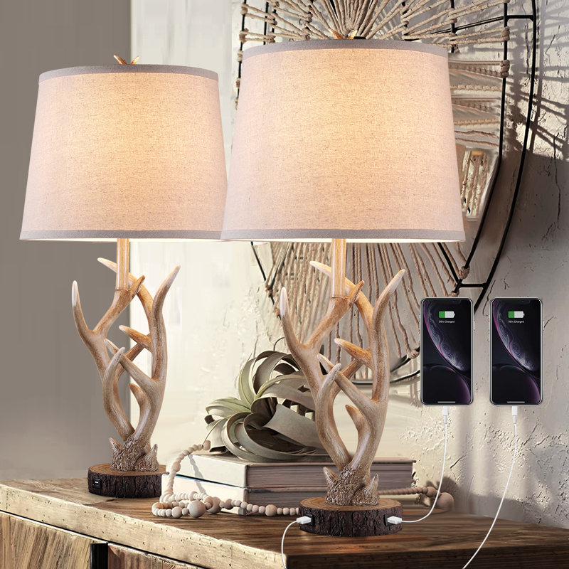 26" Rustic Farmhouse Resin Antler Table Lamp with USB Ports