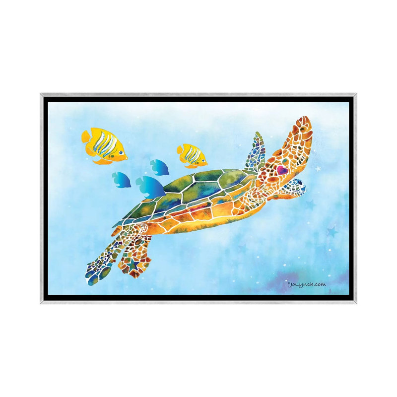 «Sea Turtle Fish» par Jo Lynch - reproduction d'art, Aucun mat, H 18 po x l 26 po x P 1,5 po, Toile encadrée argentée