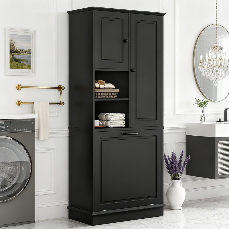 Fleurine 68'' H Bathroom Cabinet with Tilt-Out Laundry Hamper,Modern Linen Cabinet with Adjustable Shelf,Freestanding Style