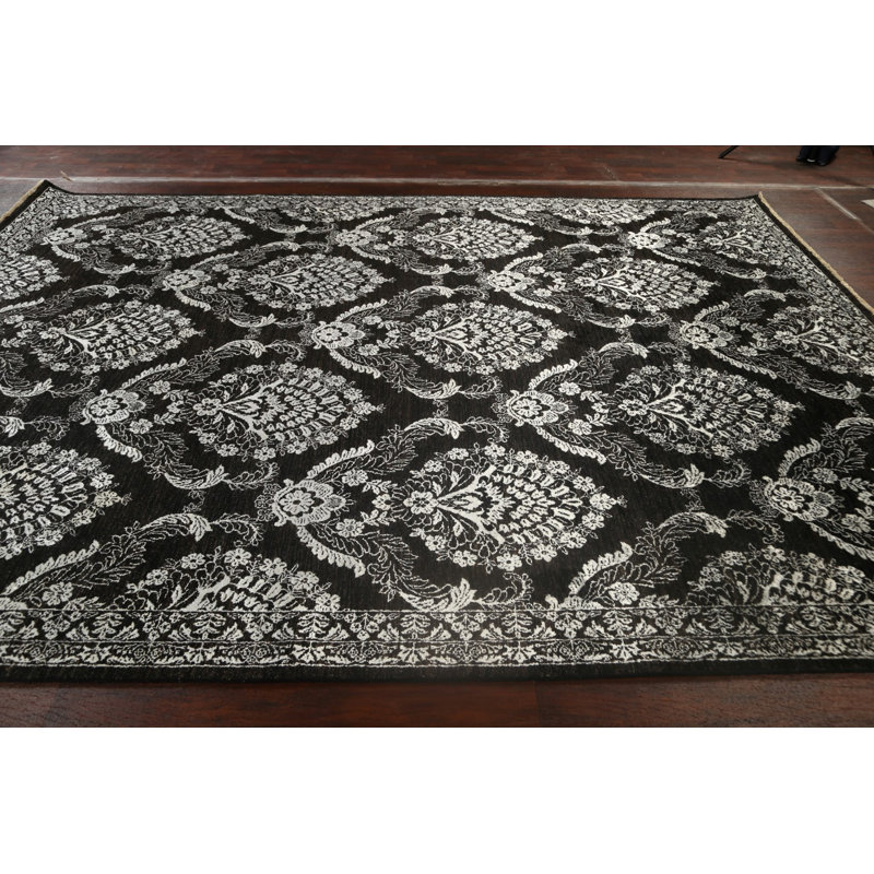 Tapis noir / blanc noué à la main de conception unique 9 pi x 12 pi 2 po New Age