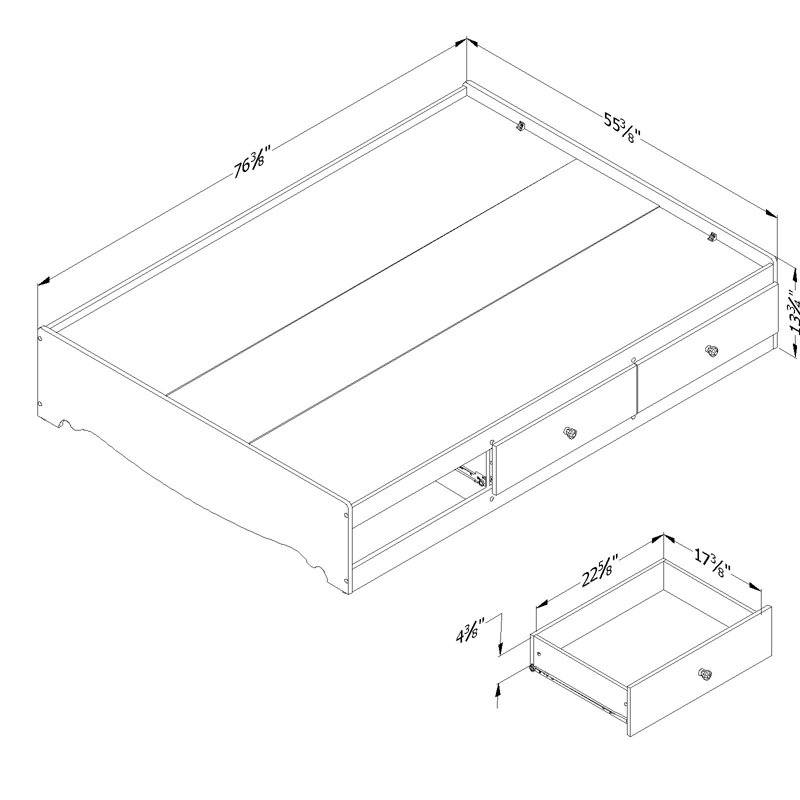 Full White Wood Frame Mates Bed with 3 Drawers