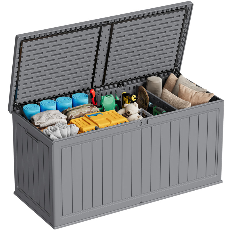 Coffre de terrasse verrouillable en résine de 260 gallons avec séparateur amovible, Gris