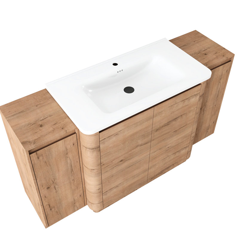 Meuble-lavabo autoportant de 60 po avec lavabo en céramique blanche et 2 petites sections de rangement - surface lisse, construction de contreplaqué de style contemporain