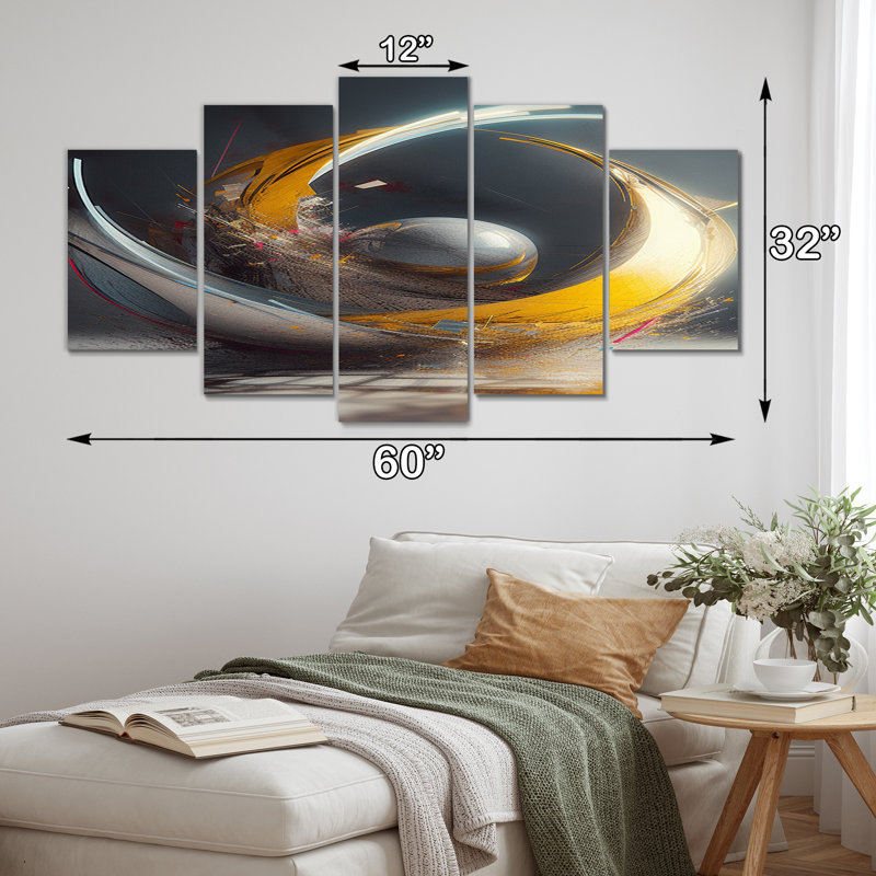 Visionary Divine Dance 3D Wave Sphere II - Décoration murale fractale abstraite - 5 panneaux