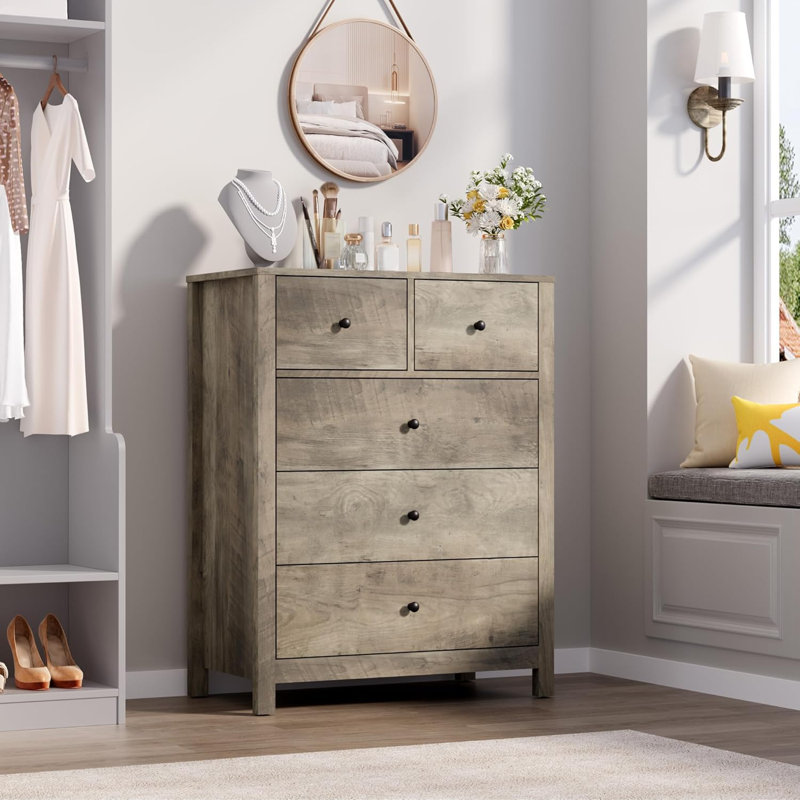 Grande commode à 5 tiroirs gris avec tiroirs profonds, commode en bois moderne pour chambre d'enfant, Ivoire ivoire