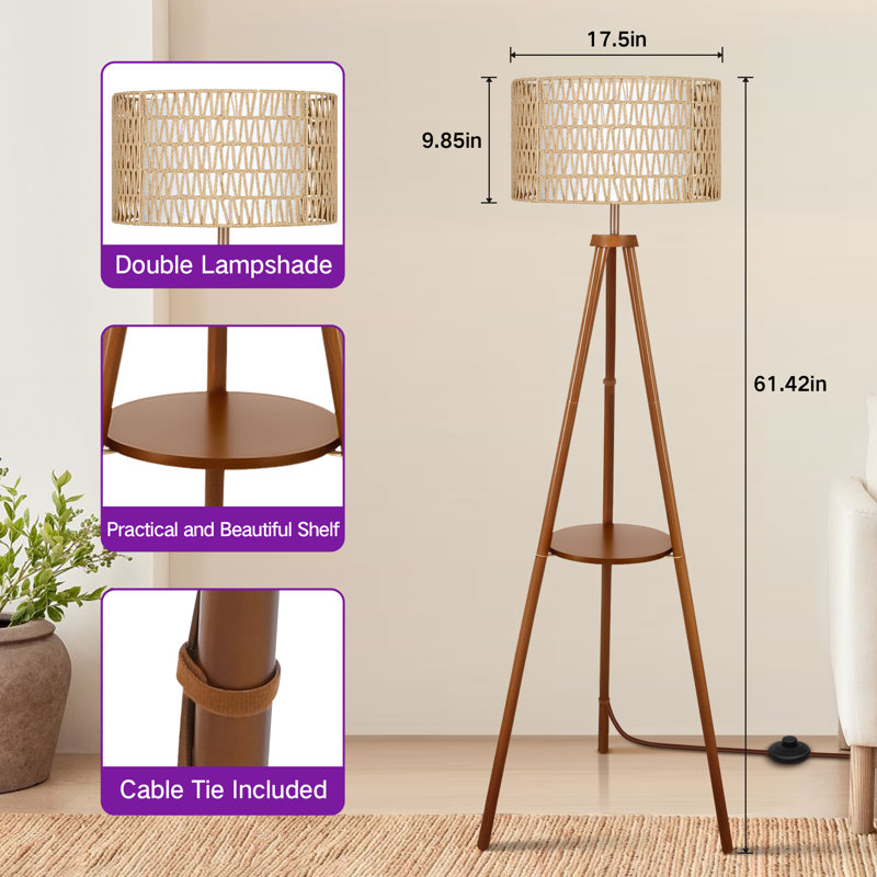 Jodanna 63" Dimmable Tripod Floor Lamp with Remote, Included LED Bulb, Walnut