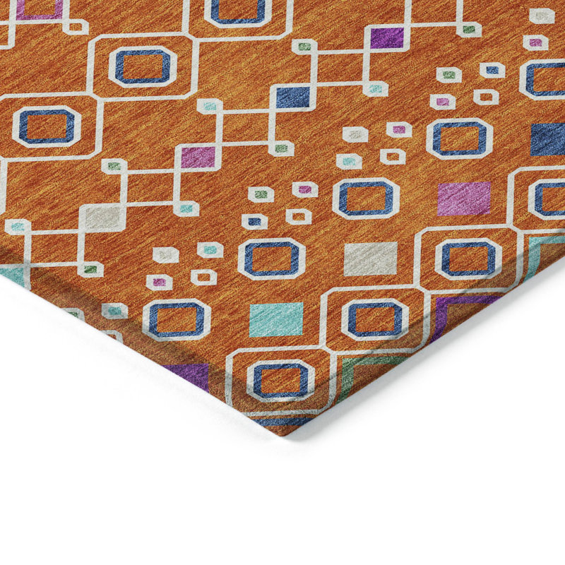 Tapis extérieur lavable à motif géométrique orange, bleu et mauve 8 pi x 10 pi