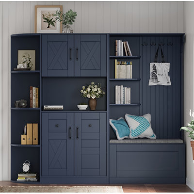Armoire de vestibule multifonctionnelle gauche-droite (peut être utilisée séparément) avec rangement et 4 crochets, armoire de rangement / arbre d'entrée 2 en 1 pour le salon, la cuisine et le couloir, bleu antique