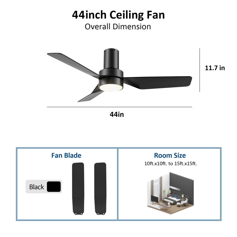 44 Inch 3 Blades DC Motor Smart Ceiling Fan with Remote and Light Kit., Black, Black