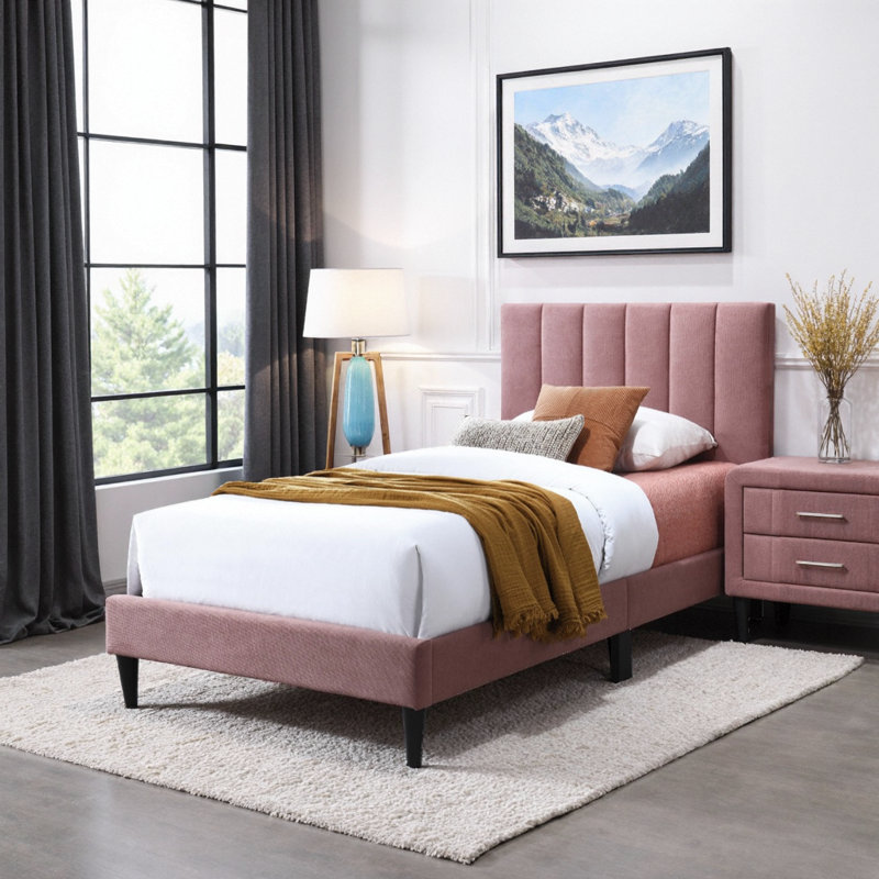 Lit de tête de lit ajustable en tissu brossé avec motif capitonné, Rose, Plein