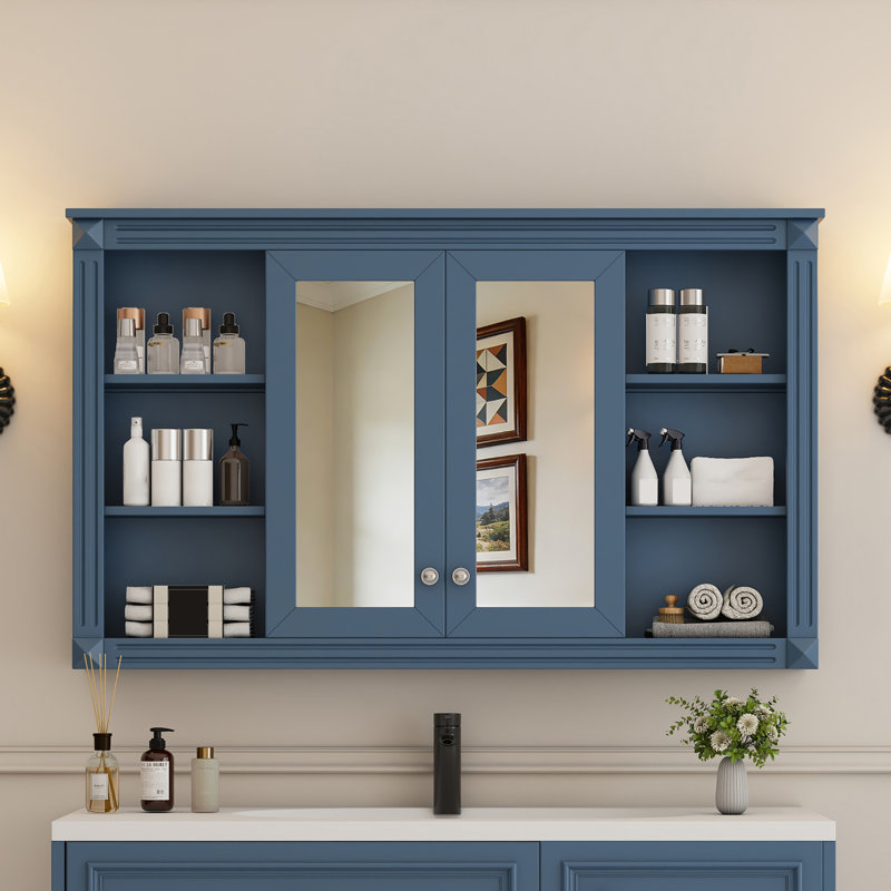 Armoire de toilette 47 po avec rangement, tablette réglable et tablettes ouvertes 47 po, Bleu