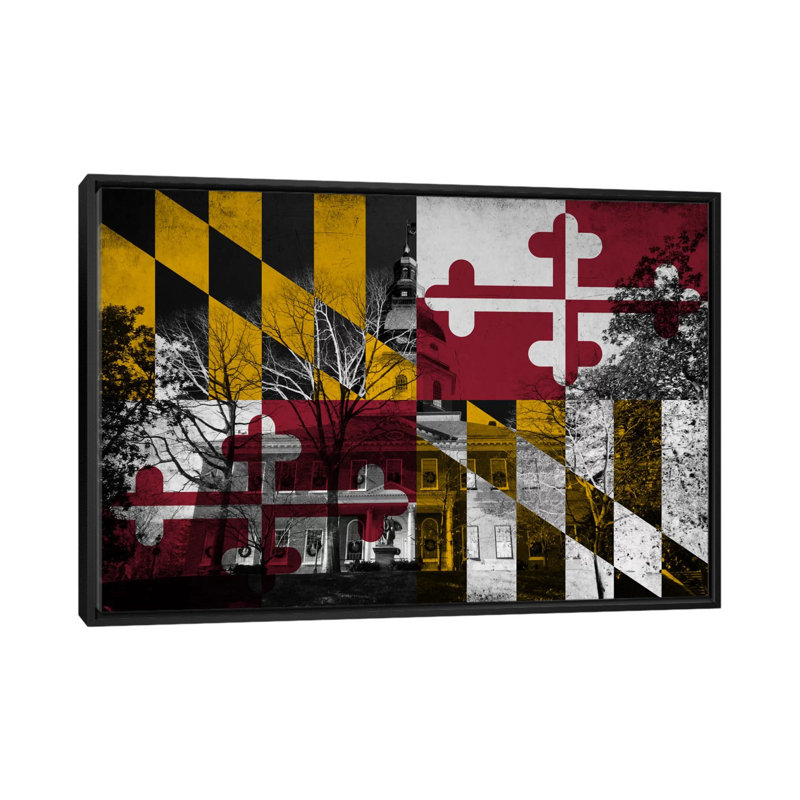 Drapeau du Maryland, Capitole du bâtiment, impression sur toile, H 18 po x l 26 po x P 1,5 po, Toile avec cadre noir