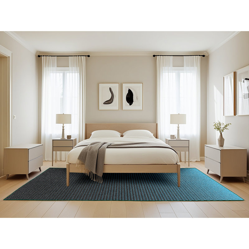 Tissé à la machine en laine et polyester bleu/noir Tapis décoratif, Rectangle 5 pi x 8 pi