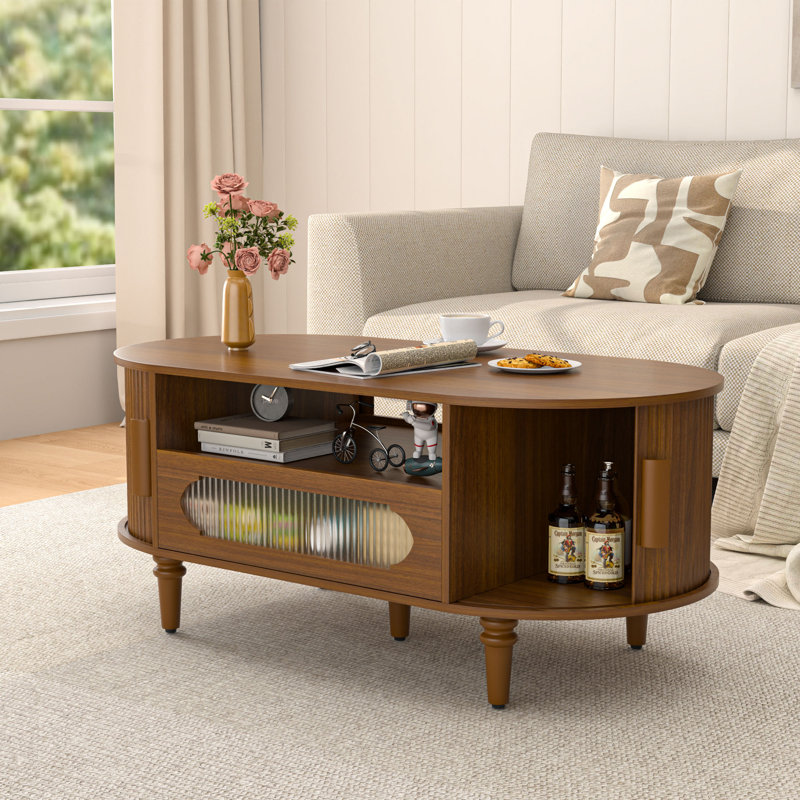 Fluted Coffee Table With Storage, Oval Coffee Table With Sliding Door And Drawer, Walnut