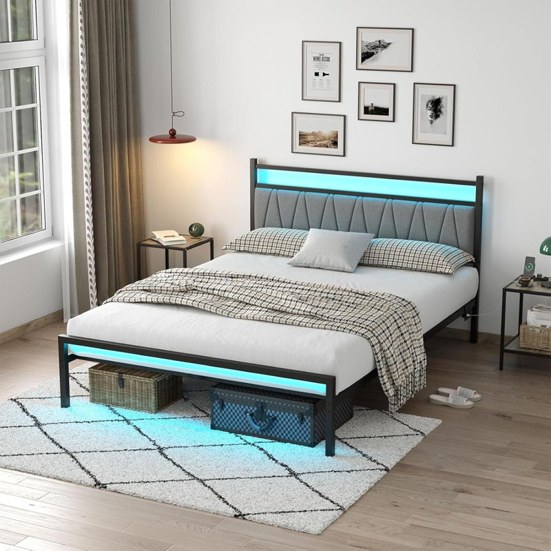 Metal Bed Frame with Storage Headboard and Charging Station LED Lights Modern Design Bed Frame Metal for Bedroom Furniture