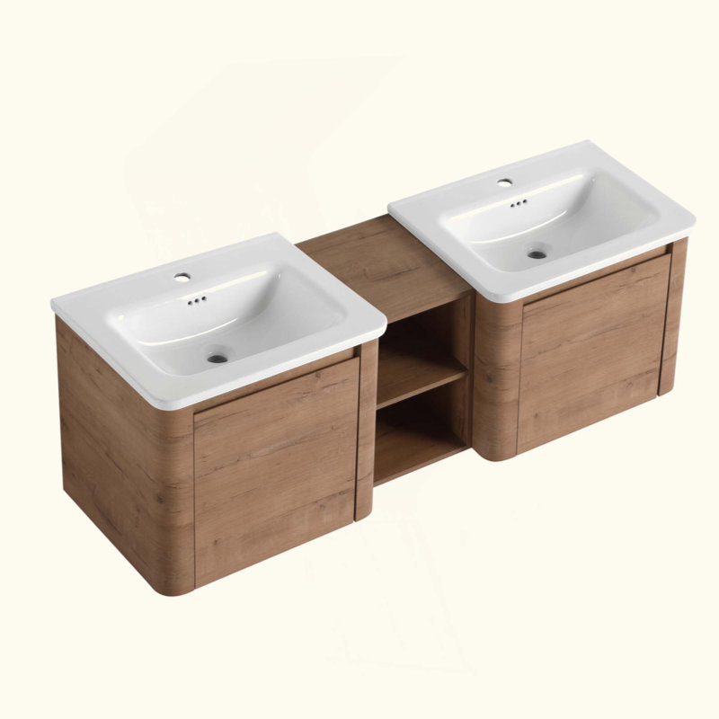 Meuble-lavabo mural avec lavabo en céramique et tablettes de rangement et 1 porte, emballage KD, contreplaqué, 60"