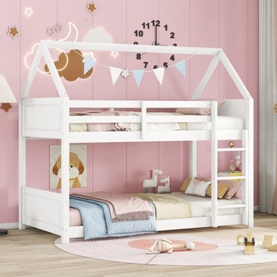 Ishmal Twin Over Twin House Bunk Bed with Headboards, Footboards, Guardrails & Ladder - Rubber Wood