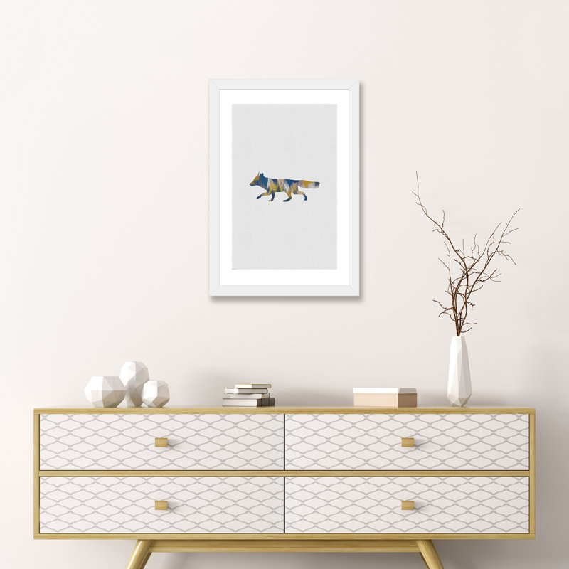 Renard bleu et jaune - impression d'art graphique, H 24 po x l 16 po x P 1 po, Papier encadré blanc