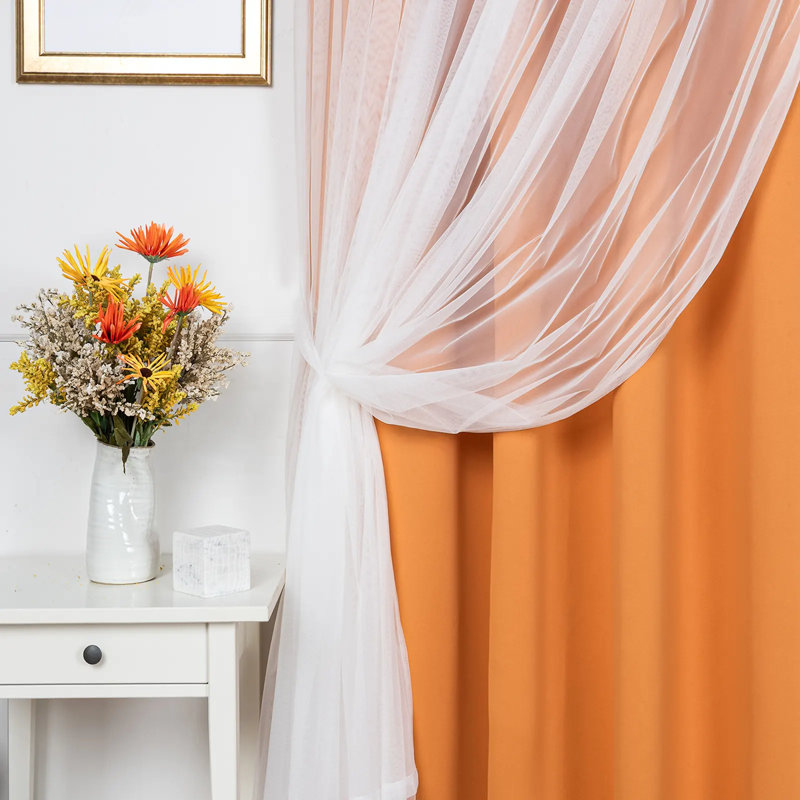 Fortuna Brockham Solid Tulle Overlay Room Darkening Grommet Curtain Panels, Orange, 52" W x 63" L