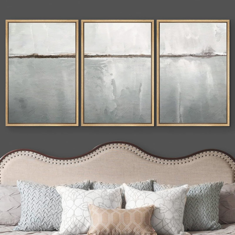 "Minimal Landscape" Greenish Gray Abstract Simple Modern Decor, reproduction d'art sur toile encadrée 3 pièces