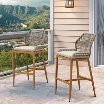 Purple Leaf Patio Upcycled Fabric Bar Stools 28" H Set Of 2 Handwoven Wicker Bar Height Stool Modern Aluminum High Bar Chairs Outdoor Wicker Barstools