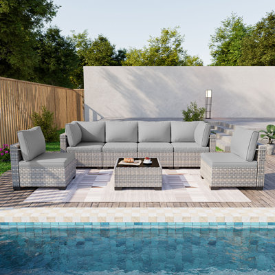7-Piece Patio Furniture Set, Outdoor Patio Furniture with Thick Cushions, Modular Patio Sofa, Dual-Strand Wicker Rattan, Rust-Resistant Frame, Backyar