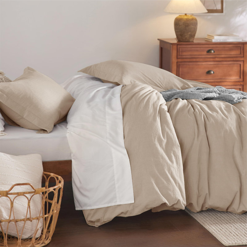 Bedsure 100% Washed Cotton Duvet Cover Queen Set - Minimalist Cotton Beding Set For All Season（set of 3）, Bright White
