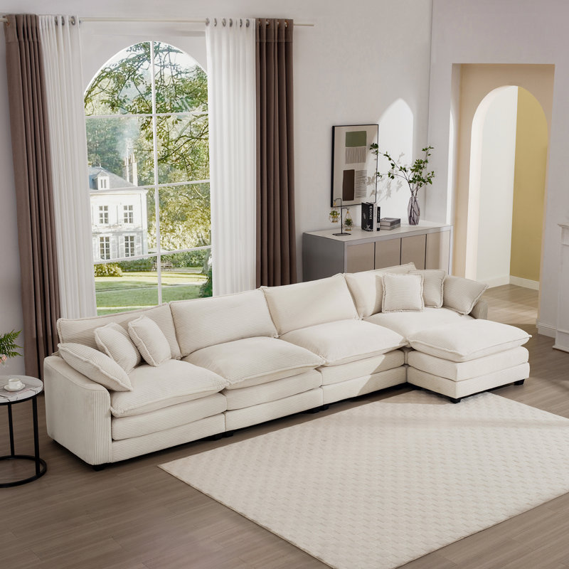 Canapé modulaire en tissu 4 places avec repose-pieds Mosinee, Beige