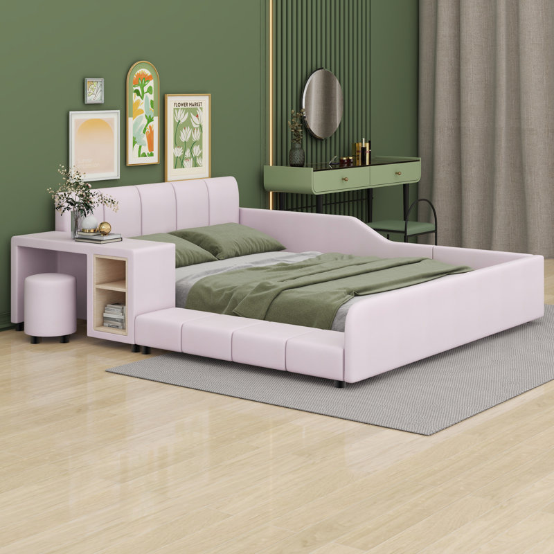 Lit plateforme tapissier avec rangement Leavie, Rose, Grand