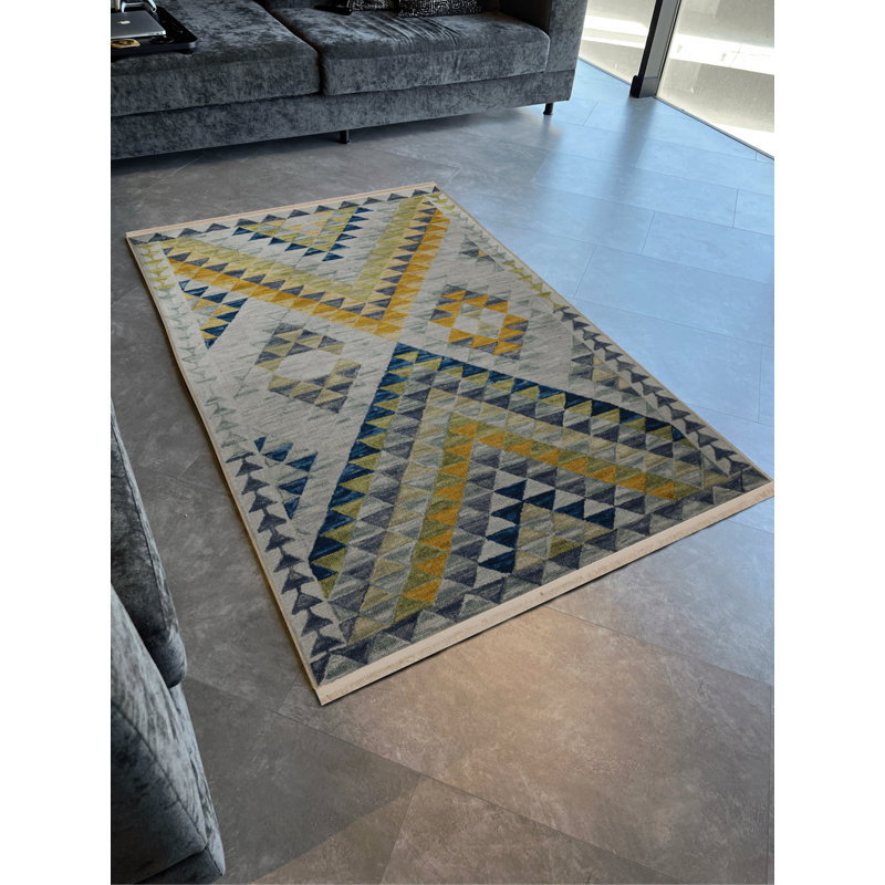Tapis décoratif multicolore à motifs géométriques et à franges, Rectangle 4 pi 11,06 po x 7 pi 6,55 po