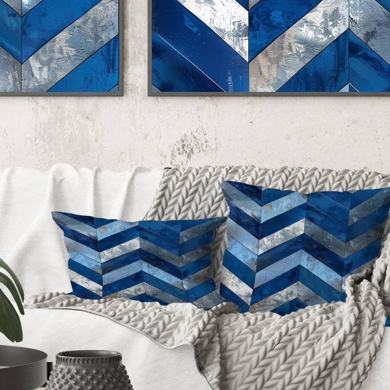 Coussin bleu Midcentury Chevron V - Midcentury, H 18 po x l 18 po
