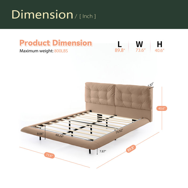 Structure de lit flottant pour grand lit avec lumières DEL, lit plateforme en cuir d'unité centrale avec tête de lit capitonnée, assemblage facile, aucun sommier tapissier requis