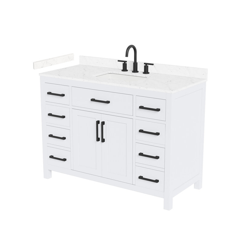 Meuble-lavabo simple de 48 po Beckett en blanc, comptoir en marbre de culture de Carrare, lavabo carré encastré (3 trous), garniture noir mat