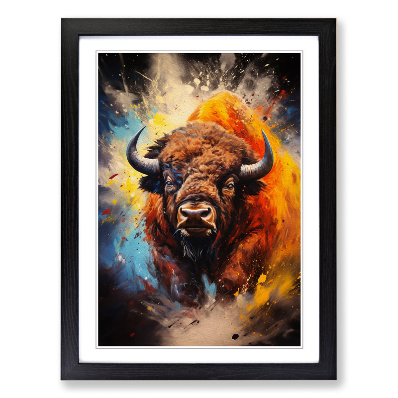 Buffalo Action Painting Art - Framed Print, Black Framed, 64cm H x 46cm W x 2cm D