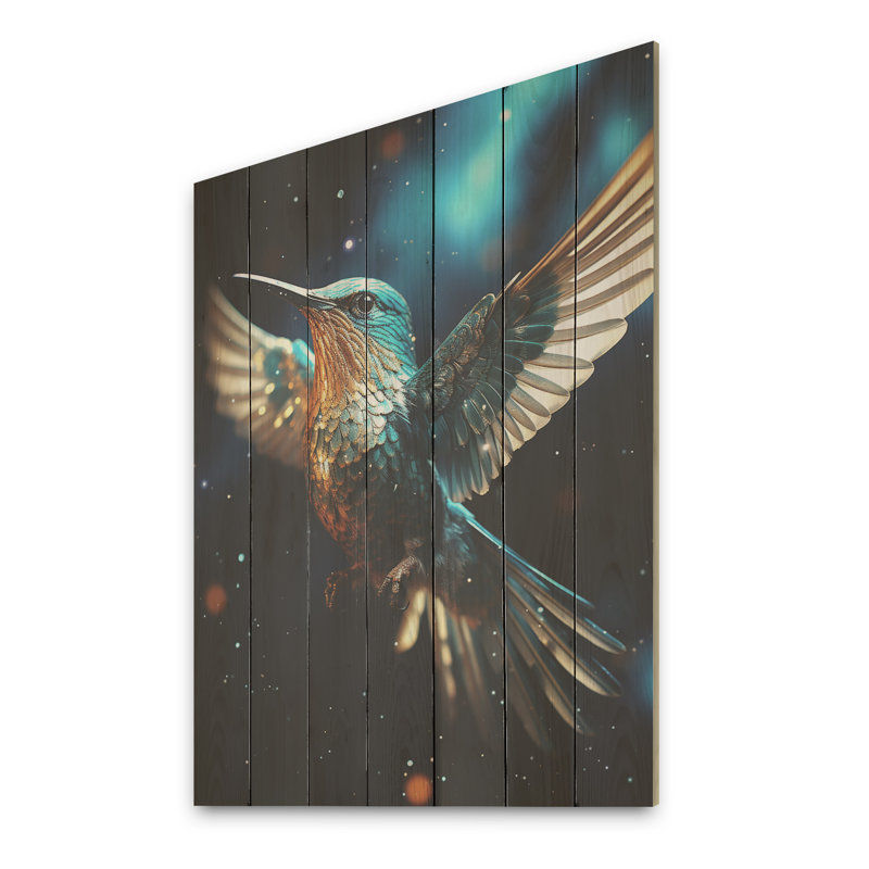 «Blue Fluttering Hummingbird Skies II» - imprimé colibri sur bois, H 32 po x l 24 po