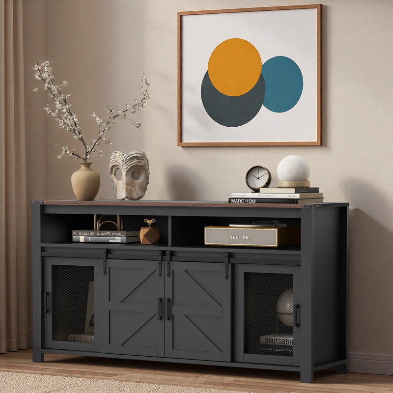 Farmhouse Sideboard With Sliding Barn Door, Mesh Panels And Open Storage, Black/Brown