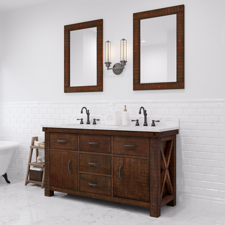 Aberdeen 60 In. Double Sink Carrara White Marble Countertop Vanity In Rustic Sierra With Hook Faucets And Mirrors