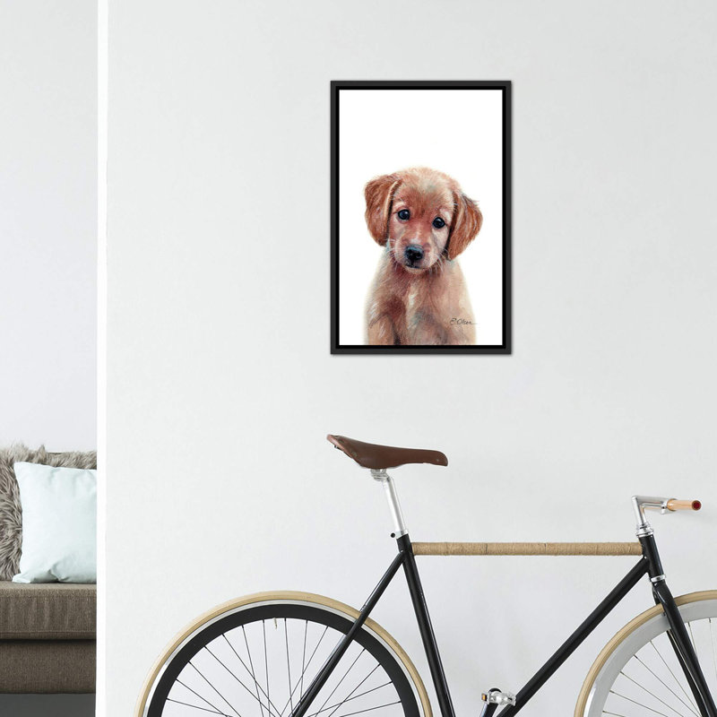 Chiot Golden Retriever par Watercolor Luv - reproduction d'art, Toile avec cadre noir patiné, H 26 po x l 18 po x 1,5 po