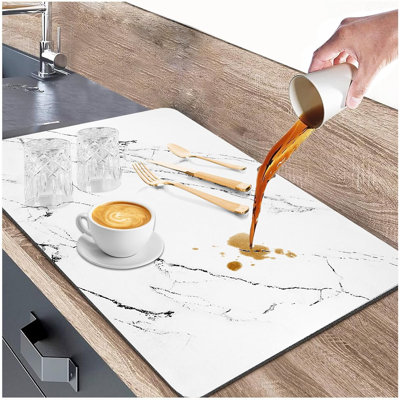 White Dish Drying Mat, 24"X16" Dish Draining Mat With Non-Slip Rubber Backed, Absorbent Heat Resistant Dish Drying Mats For Kitchen Counter, Easy To Clean Coffee Machine Dish Rack Pad (White)