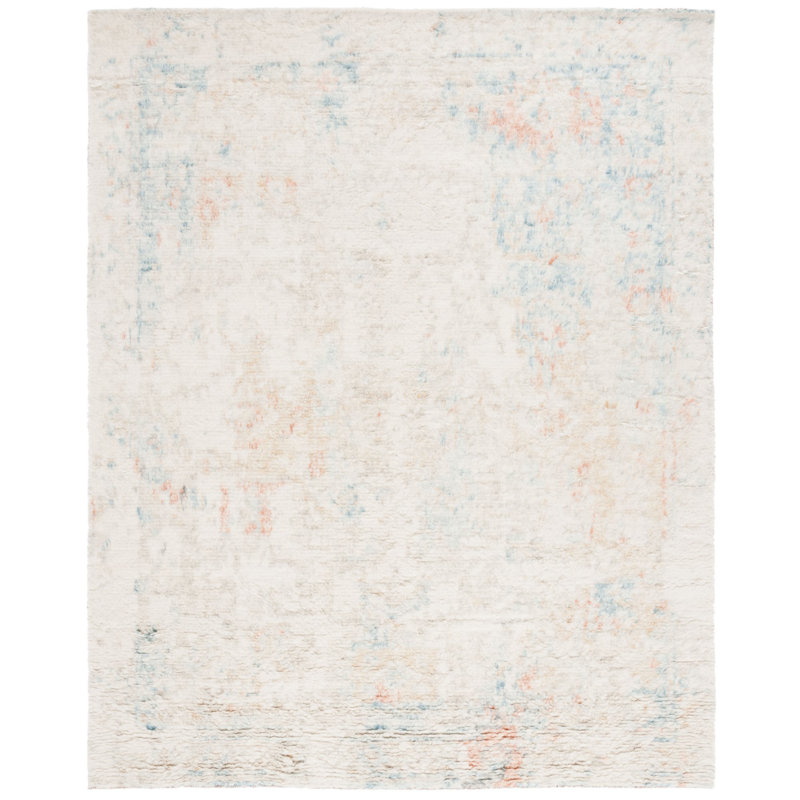 Tapis bleu / rouille en laine et coton noué à la main de couleur taupe, Rectangle 6 pi x 9 pi