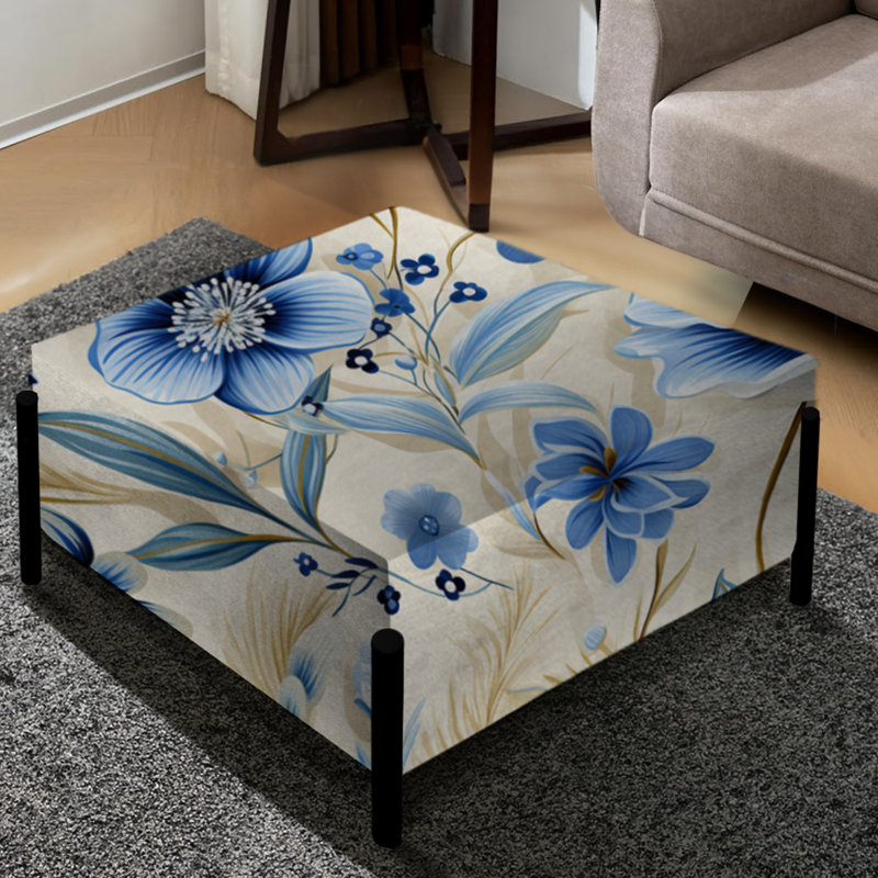 Grand repose-pieds carré Boho blanc et bleu avec fleurs d'hibiscus II