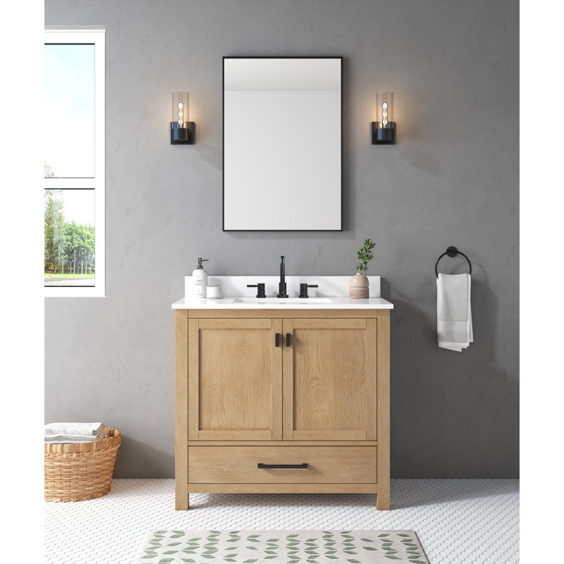 Modero 36" Single Bathroom Vanity with Top, Brushed Oak, Cala White Marble, Black